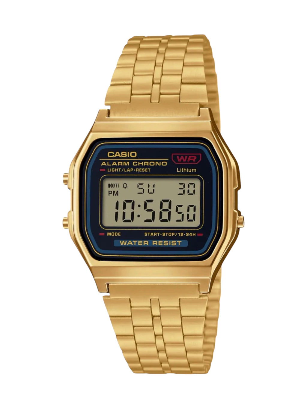 A gold-tone Casio digital watch with a matching metal link bracelet, featuring a dark blue bezel and a digital display screen on a solid white background.