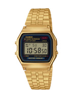 A gold-tone Casio digital watch with a matching metal link bracelet, featuring a dark blue bezel and a digital display screen on a solid white background.