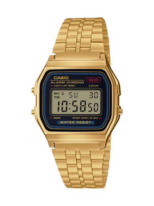 A gold-tone Casio digital watch with a matching metal link bracelet, featuring a dark blue bezel and a digital display screen on a solid white background.