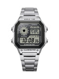 A Casio digital wrist watch with a silver stainless steel case and link bracelet, featuring a black rectangular dial with digital displays and analog sub-dials.