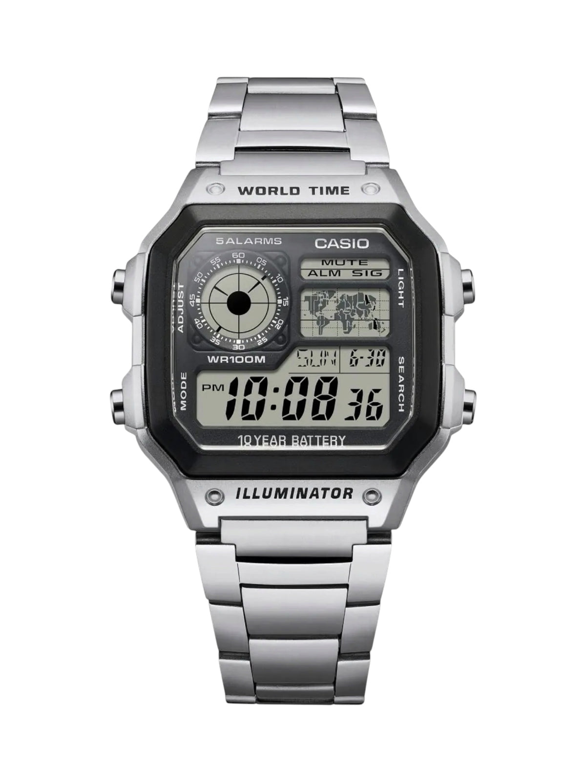 A Casio digital wrist watch with a silver stainless steel case and link bracelet, featuring a black rectangular dial with digital displays and analog sub-dials.