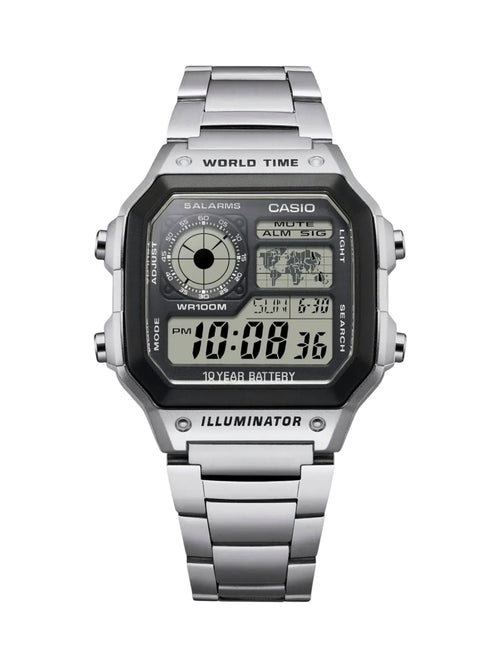 A Casio digital wrist watch with a silver stainless steel case and link bracelet, featuring a black rectangular dial with digital displays and analog sub-dials.