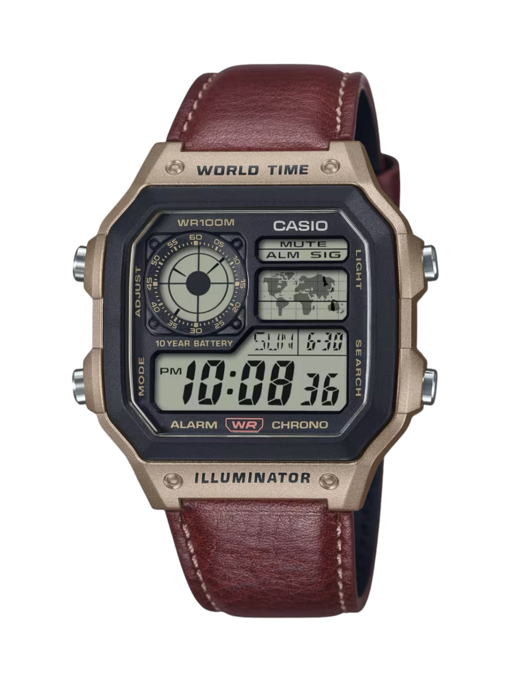 A Casio digital watch with an octagonal bronze-toned case, a dark gray face, and a brown leather strap, shown against a plain white background.