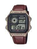 A Casio digital watch with an octagonal bronze-toned case, a dark gray face, and a brown leather strap, shown against a plain white background.