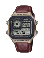 A Casio digital watch with an octagonal bronze-toned case, a dark gray face, and a brown leather strap, shown against a plain white background.
