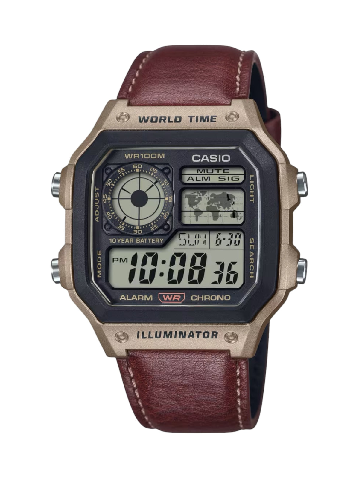 A Casio digital watch with an octagonal bronze-toned case, a dark gray face, and a brown leather strap, shown against a plain white background.