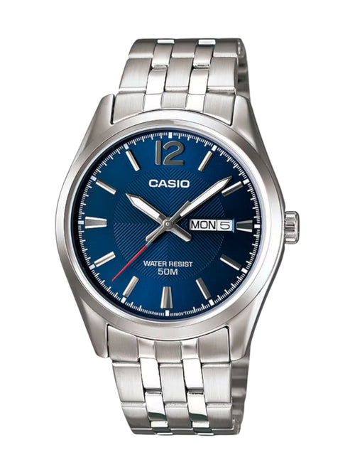 A Casio men's analog watch with a silver stainless steel link bracelet, a blue textured dial, silver-tone hands and markers, and a day-date window at 3 o'clock.