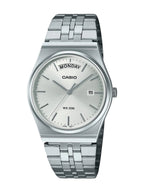 A Casio stainless steel wristwatch with a silver-toned metal link bracelet, a silver dial, and a day-date window displaying 'MONDAY' and '5'.