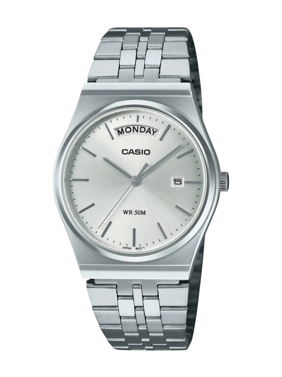 A Casio stainless steel wristwatch with a silver-toned metal link bracelet, a silver dial, and a day-date window displaying 'MONDAY' and '5'.