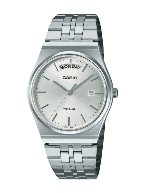 A Casio stainless steel wristwatch with a silver-toned metal link bracelet, a silver dial, and a day-date window displaying 'MONDAY' and '5'.
