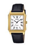 A Casio men's analog watch with a gold-tone rectangular case, white dial with black Roman numerals, and a black leather strap, shown against a plain white background.