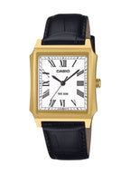 A Casio men's analog watch with a gold-tone rectangular case, white dial with black Roman numerals, and a black leather strap, shown against a plain white background.