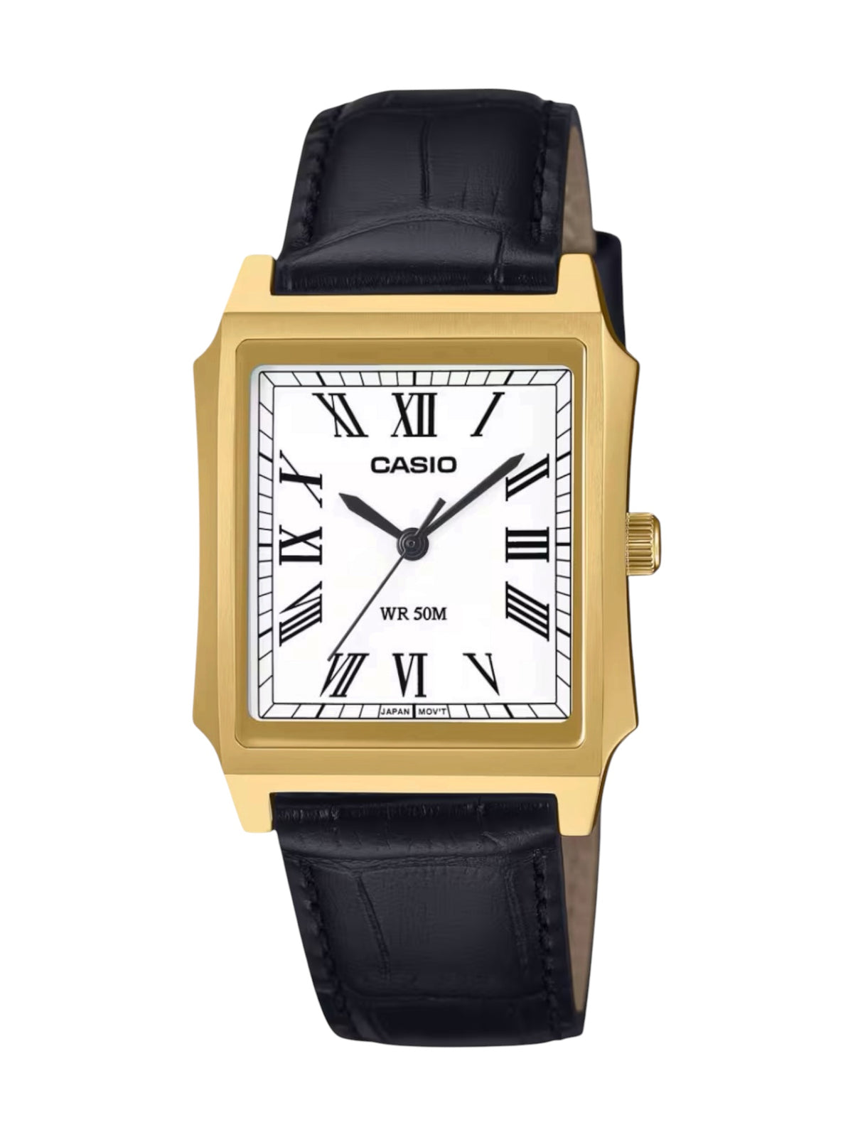A Casio men's analog watch with a gold-tone rectangular case, white dial with black Roman numerals, and a black leather strap, shown against a plain white background.
