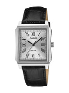 A Casio rectangular analog watch with a silver-tone stainless steel case, a white dial with black Roman numerals, and a black leather strap, shown against a plain white background.