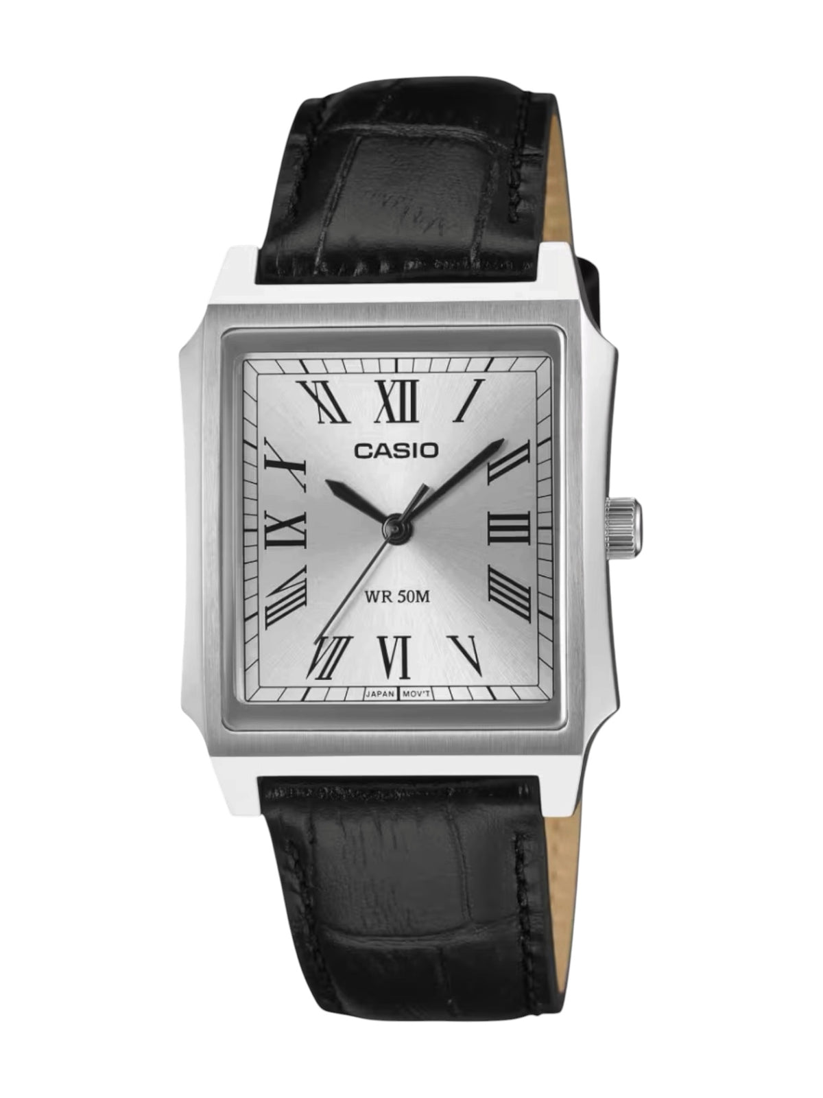 A Casio rectangular analog watch with a silver-tone stainless steel case, a white dial with black Roman numerals, and a black leather strap, shown against a plain white background.