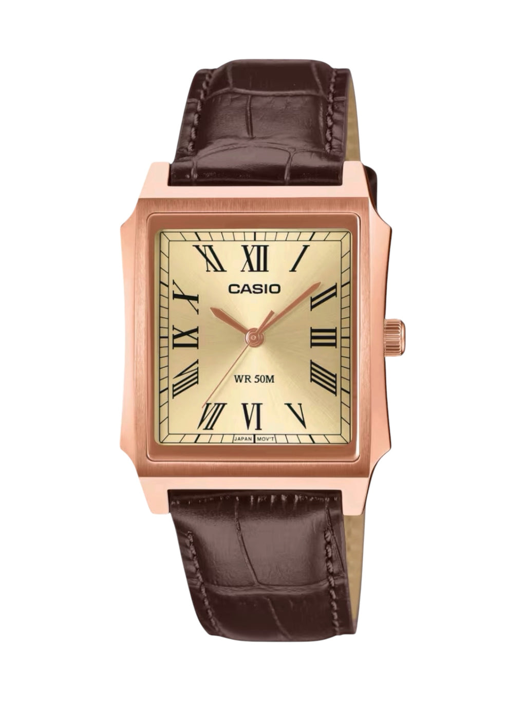 A Casio rectangular analog watch with a rose gold-tone case, cream-colored dial with black Roman numerals, and a dark brown textured leather strap, shown against a plain white background.