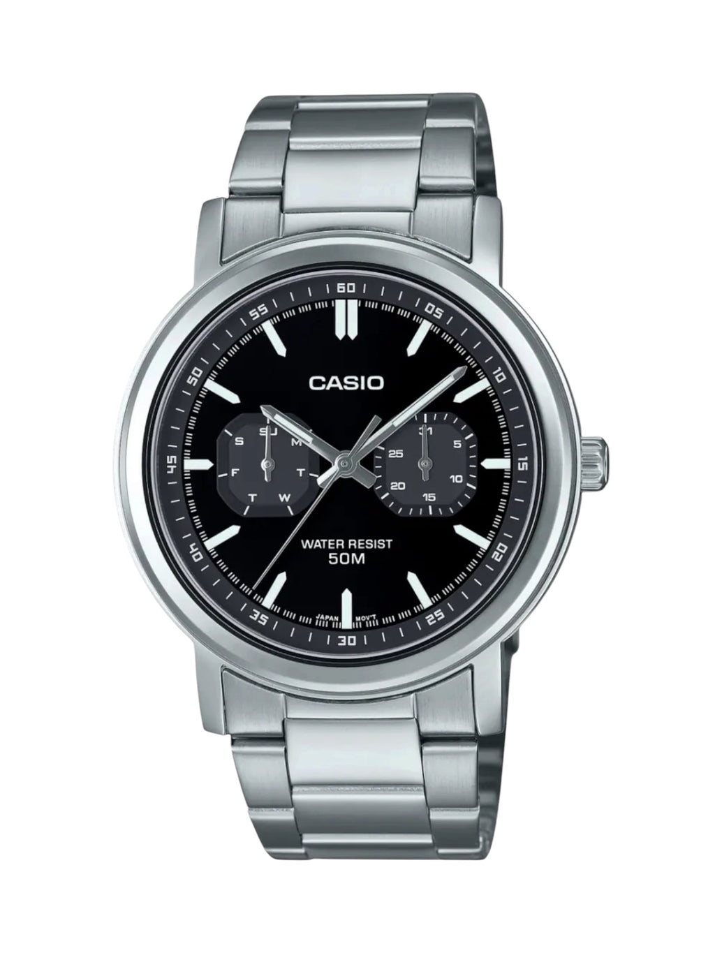 A Casio analog watch with a silver stainless steel case and link bracelet, featuring a black dial with white markings and subdials.