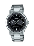 A Casio analog watch with a silver stainless steel case and link bracelet, featuring a black dial with white markings and subdials.
