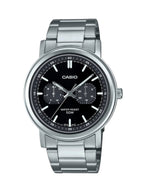 A Casio analog watch with a silver stainless steel case and link bracelet, featuring a black dial with white markings and subdials.