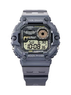 A Casio TIDE GRAPH MOON PHASE digital watch with a dark gray resin case and strap, featuring a yellow-green LCD display showing the time as 10:08 and the date as SU 6-30.