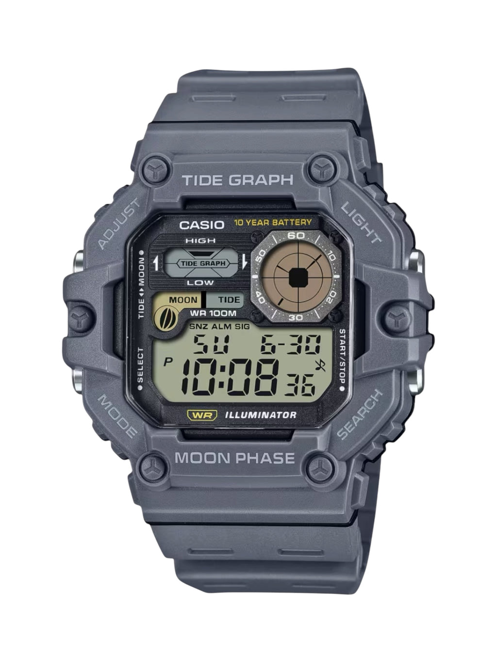 A Casio digital watch with a rugged dark gray resin case and matching strap, featuring a multi-functional display with analog and digital sub-dials, set against a plain white background.