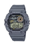 A Casio digital watch with a rugged dark gray resin case and matching strap, featuring a multi-functional display with analog and digital sub-dials, set against a plain white background.