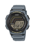 A Casio digital watch with a gray and black rugged design, featuring a textured gray resin strap, a black bezel with gold lettering, and a digital display showing the time and date.