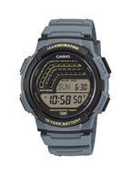 A Casio digital watch with a gray and black rugged design, featuring a textured gray resin strap, a black bezel with gold lettering, and a digital display showing the time and date.