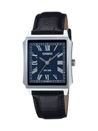 A Casio men's watch with a square silver-tone case, a dark navy blue dial with Roman numerals, and a black leather strap, shown against a plain white background.