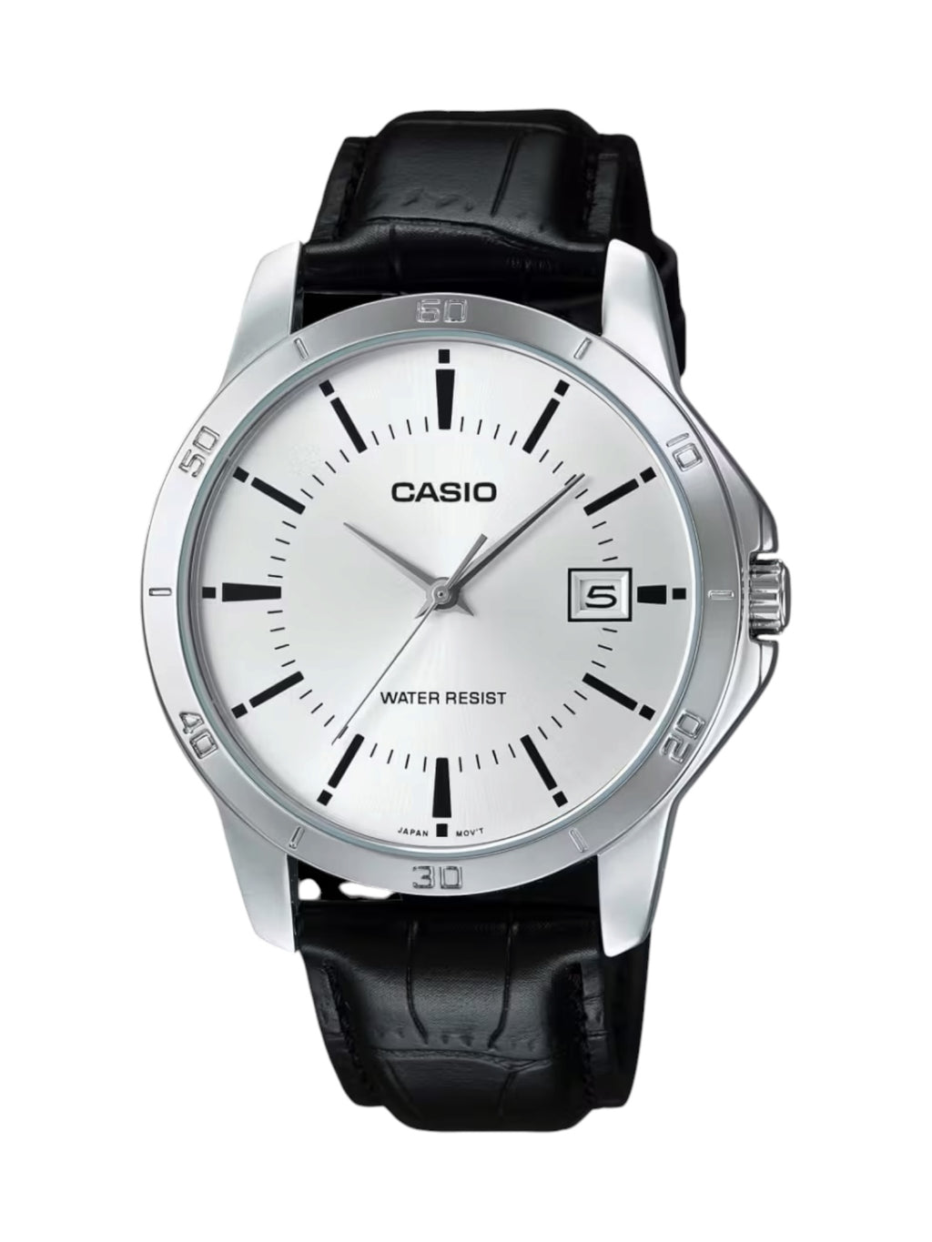 A Casio analog watch with a silver-tone stainless steel case, a white dial with black markings, and a black leather strap, shown against a plain white background.