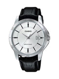 A Casio analog watch with a silver-tone stainless steel case, a white dial with black markings, and a black leather strap, shown against a plain white background.