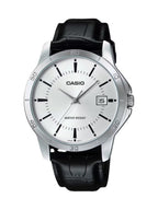 A Casio analog watch with a silver-tone stainless steel case, a white dial with black markings, and a black leather strap, shown against a plain white background.