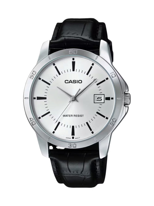 A Casio analog watch with a silver-tone stainless steel case, a white dial with black markings, and a black leather strap, shown against a plain white background.