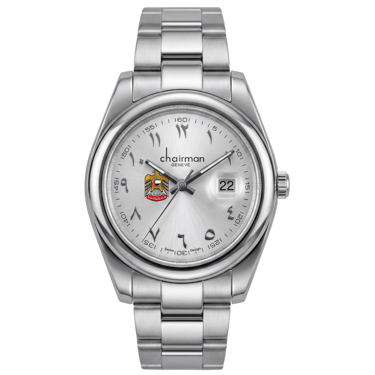 Silver watch with a white face on a white background